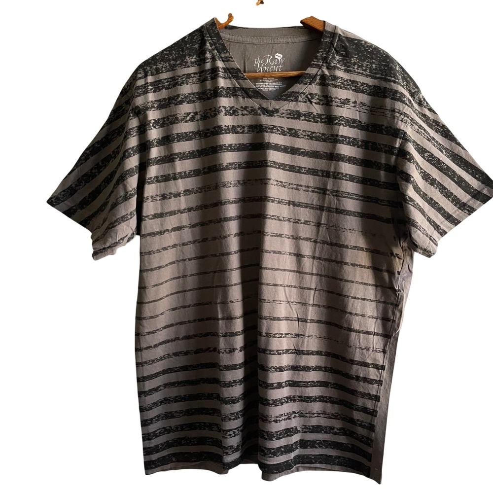 The Raw Uncut T-Shirt Mens XL Grey Striped V-Neck Distressed Short Sleeve Grunge